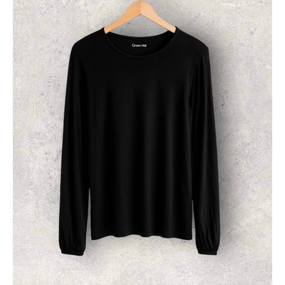 Garnet Hill Tencel Blend Stretch‎ Knit Pullover Pleated Long Sleeve Black Size M
